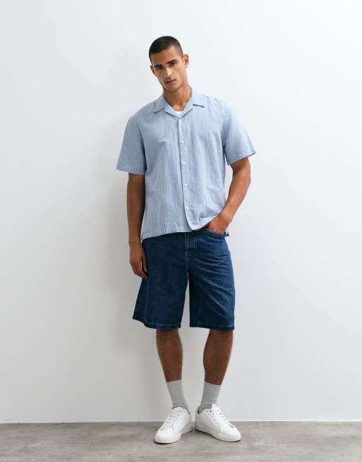 Selected linen blend short sleeve shirt in blue stripes  , 2 of 5