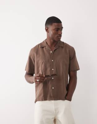 Selected Linen Blend Short Sleeve Shirt In Brown