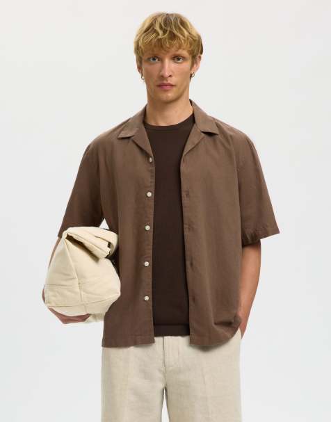 Selected linen blend short sleeve shirt in brown - view 1