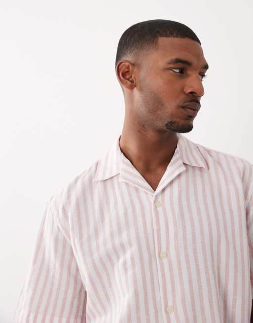 Selected linen blend short sleeve shirt in rose stripes, 4 of 5