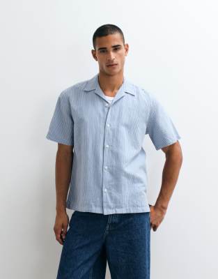 Selected Linen Blend Short Stripe Sleeve Shirt In Blue