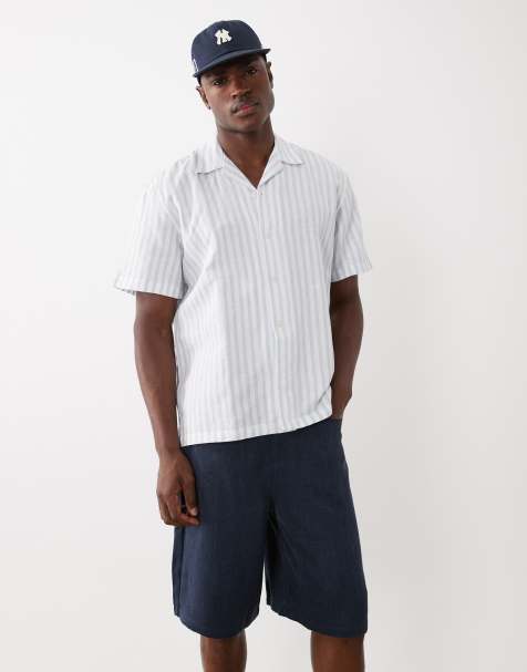 Selected linen blend short wide stripe sleeve shirt in blue - view 1