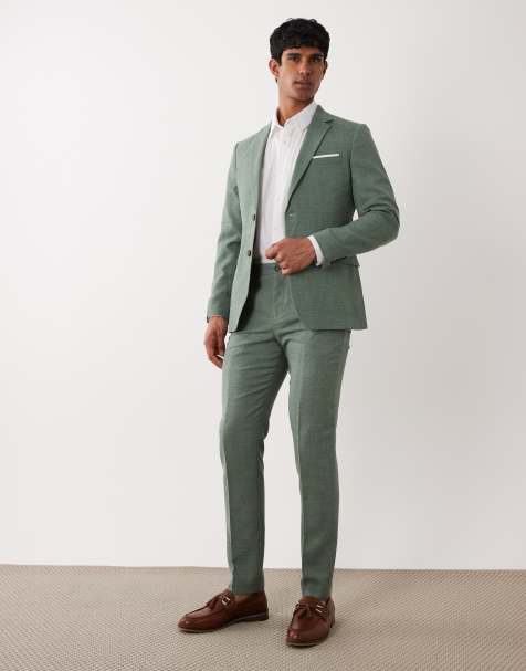 Selected linen blend slim fit trousers in green - view 1