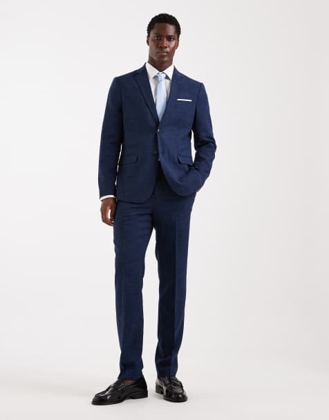 Selected linen blend slim fit trousers in navy - view 1
