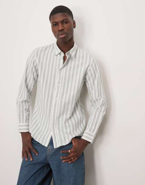Selected linen blend slim shirt in green stripe 