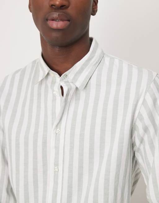 Selected linen blend slim shirt in green stripe , 2 of 4