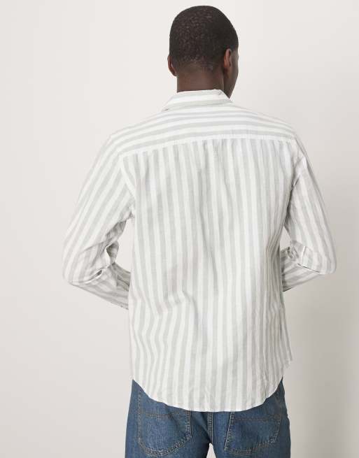 Selected linen blend slim shirt in green stripe , 3 of 4