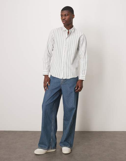Selected linen blend slim shirt in green stripe , 4 of 4