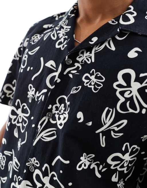 Selected linen mix camp collar shirt with print in black  , 4 of 4