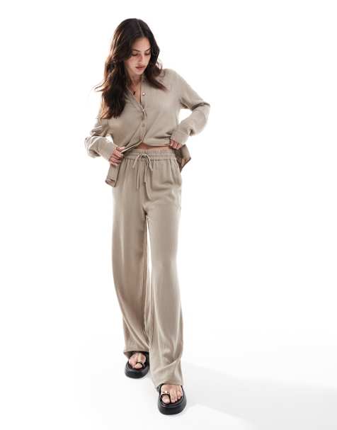 Selected linen touch wide fit trousers in beige - view 1