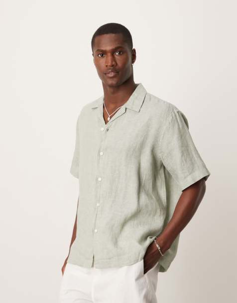 Selected 100% linen revere collar shirt in green 