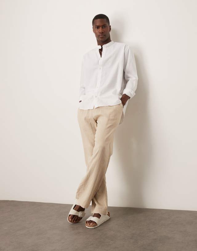 Selected long sleeve band collar linen blend shirt in white | ASOS