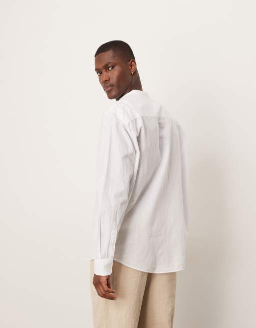 Selected long sleeve band collar linen blend shirt in white | ASOS