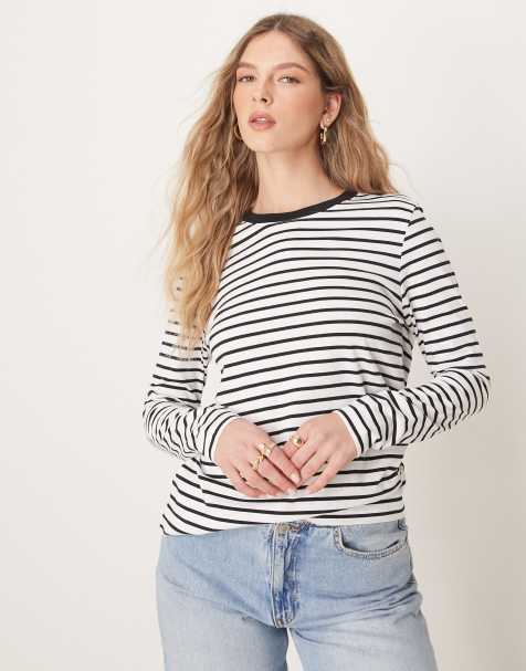 Selected long sleeve boxy t-shirt in black white stripe - view 1