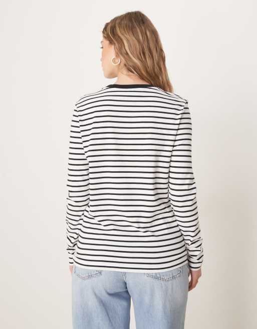 Selected long sleeve boxy t-shirt in black white stripe, 3 of 4