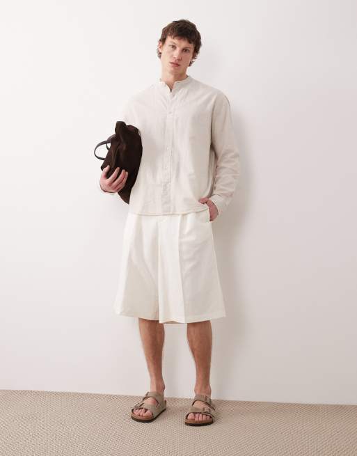 Selected long sleeve grandad collar linen blend shirt in cream , 2 of 5