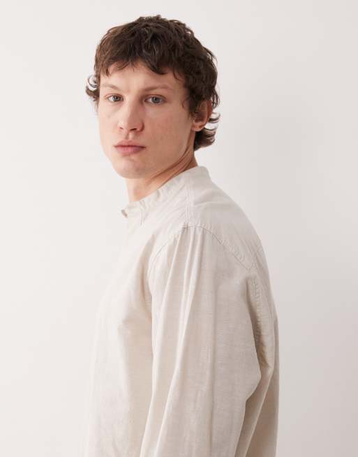 Selected long sleeve grandad collar linen blend shirt in cream , 4 of 5