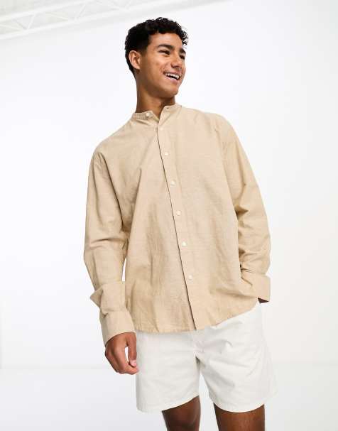 Selected long sleeve grandad collar linen shirt in beige  - view 1
