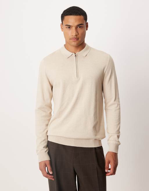 Selected long sleeve half zip polo in cream