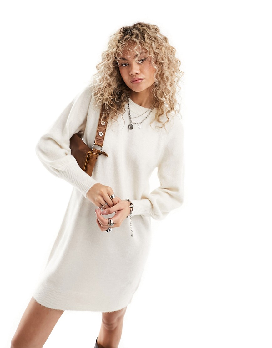 long sleeve knitted mini dress in cream-White