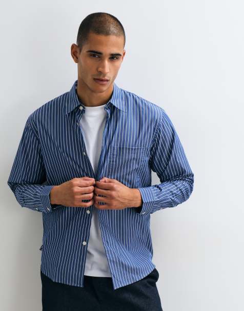 Selected long sleeve poplin shirt with stripes in blue - view 1