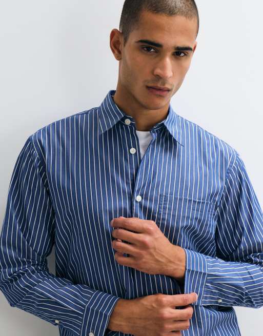 Selected long sleeve poplin shirt with stripes in blue, 2 of 5
