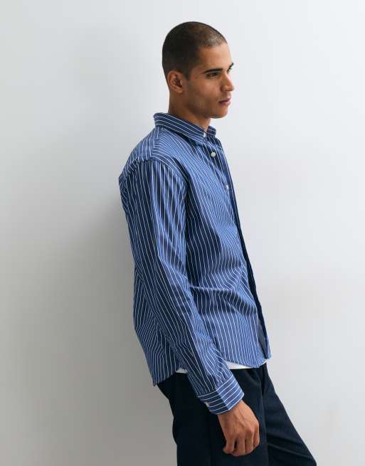 Selected long sleeve poplin shirt with stripes in blue, 5 of 5