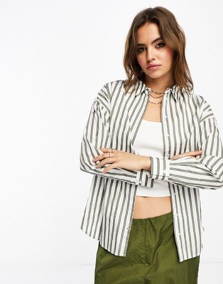 Selected long sleeve shirt In white and green stripe - ASOS Price Checker