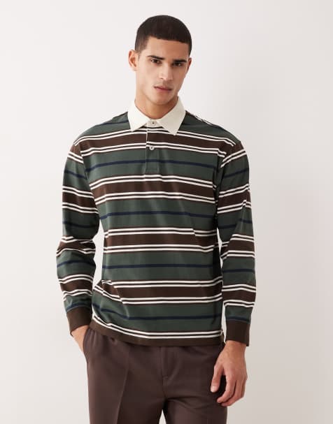 Selected long sleeve stripe rugby polo in multi  - view 1
