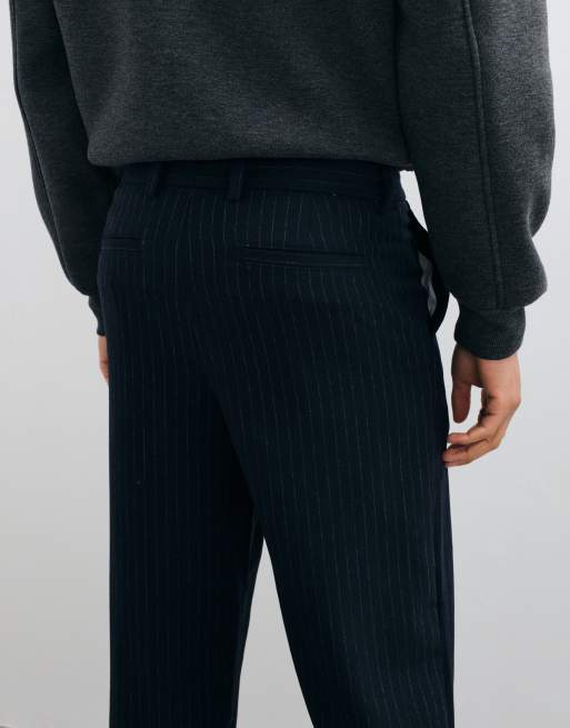 Selected Luke wool blend loose fit pinstripe trousers in navy , 2 of 5