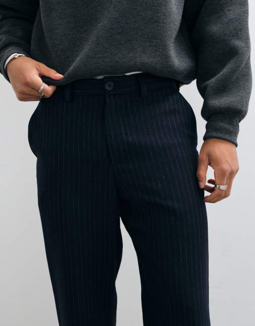 Selected Luke wool blend loose fit pinstripe trousers in navy , 3 of 5