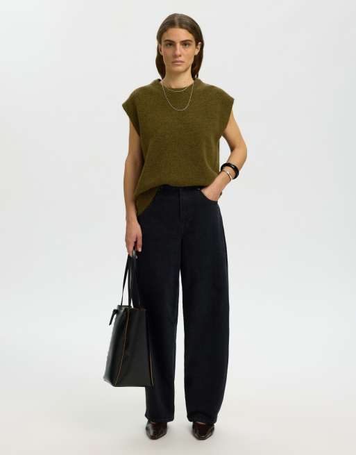 Selected Lulu denim relaxed fit crew neck knitted vest in brown, 5 of 6