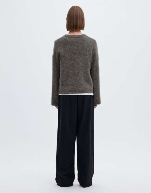Selected Lulu gerippte Strickjacke mit Rundhalsausschnitt aus Wollmix in mittelgrau meliert, 2 von 6