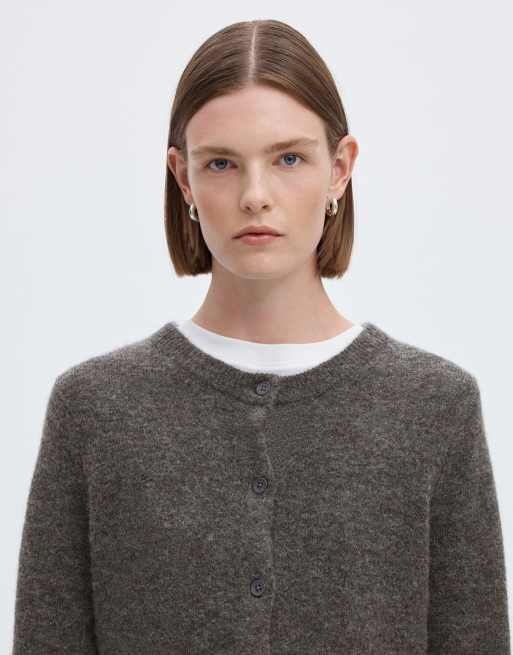 Selected Lulu gerippte Strickjacke mit Rundhalsausschnitt aus Wollmix in mittelgrau meliert, 4 von 6