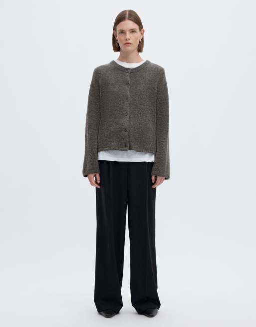 Selected Lulu ribstrikket cardigan med rund hals i mellemgråmeleret uldblanding, 3 af 6