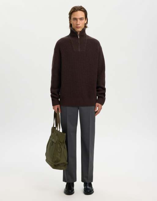 Selected - Maglione color torta al cioccolato con zip corta