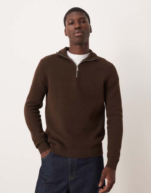 Selected - Maglione in maglia marrone con zip corta
