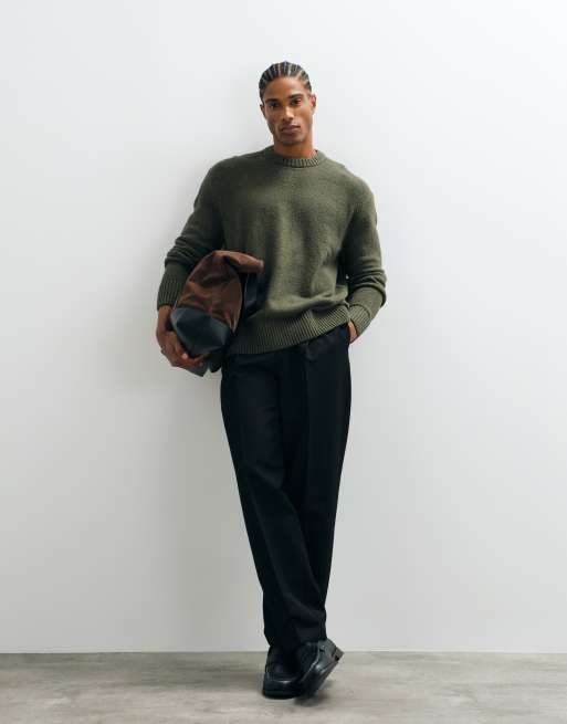 Selected maglione in maglia testurizzata girocollo verde scuro, 3 di 5