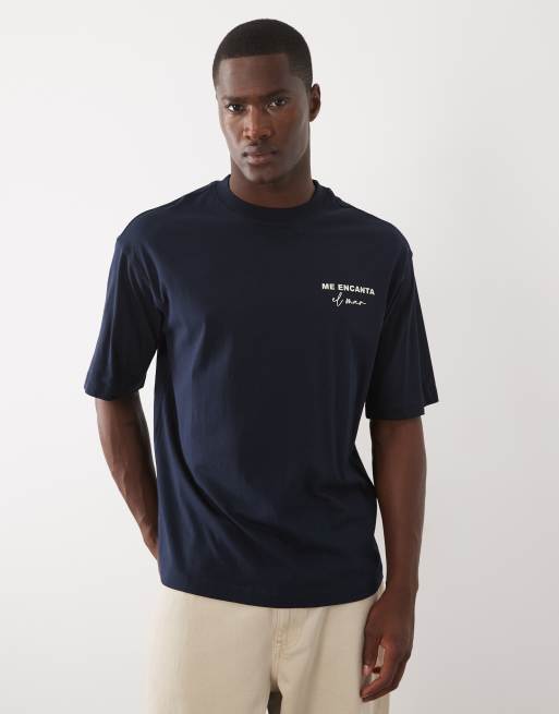 Selected – Marinblå, avslappnad t-shirt med marintryck baktill, 4 av 5