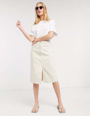 cream denim midi skirt