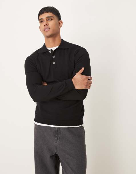 Selected merino wool knit polo shirt in black - view 1