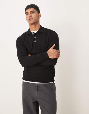 Selected merino wool knitted polo shirt in black φωτογραφία