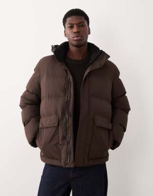 Selected nylon puffer jacket in brown