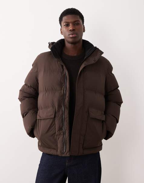 Selected nylon puffer jacket in brown - view 1