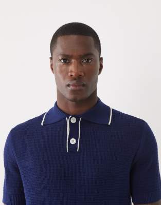Selected Open Knit Polo Shirt With Contrast Collar In Blue