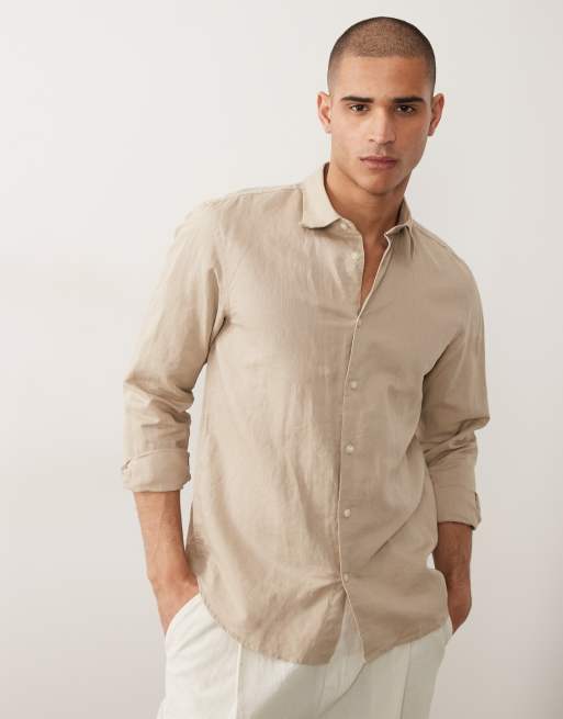 Selected - Overhemd van linnenmix met lange mouwen in beige, 2 van 5