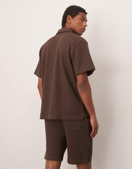 Selected - Overhemd van wafelstof met reverskraag in bruin, deel van co-ord set , 3 van 4