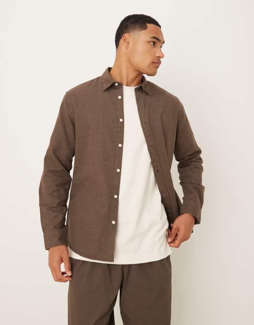 Selected oversized boxy brushed shirt in brown 