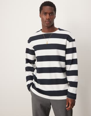 Selected Selected oversized boxy long sleeve t-shirt in navy stripe