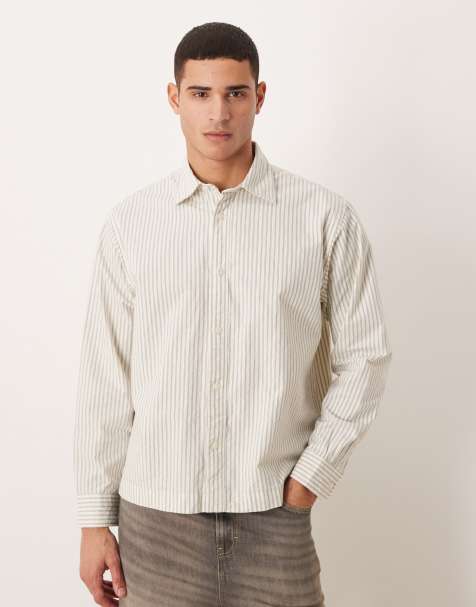 Selected oversized boxy striped shirt in beige - view 1